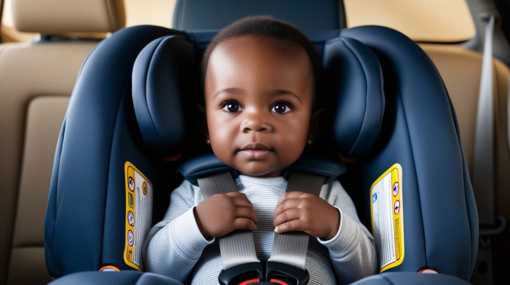Toddler safely secured in rear-facing car seat following safety guidelines