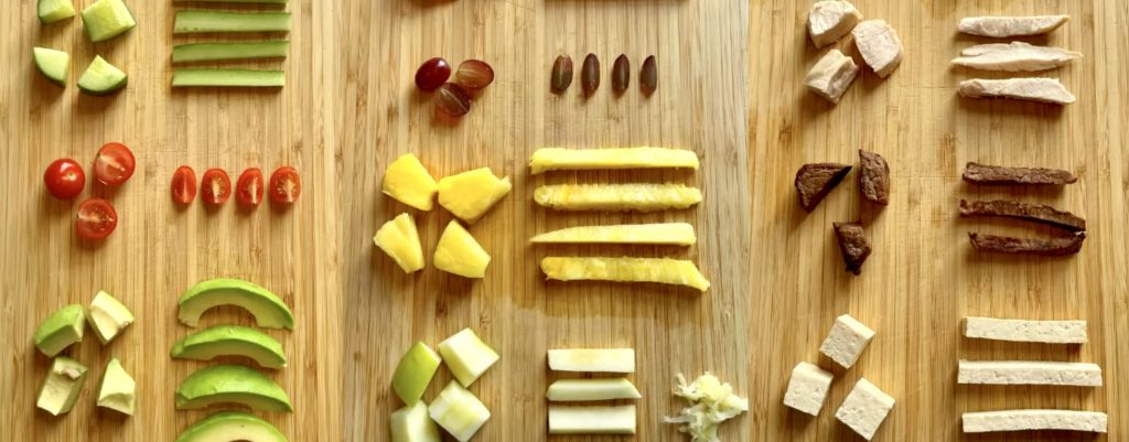 Cutting board with illustration of how to cut fruits and vegetables to Choking Prevention.