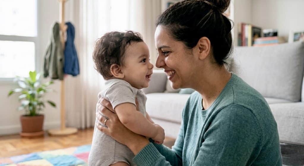 Childcare basics healthy child development through emotional bonding between caregiver and infant making eye contact.