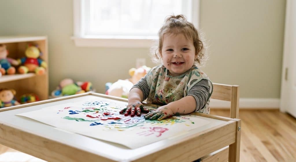 Toddler doing finger painting as a sensory toddler activity for cognitive development through play