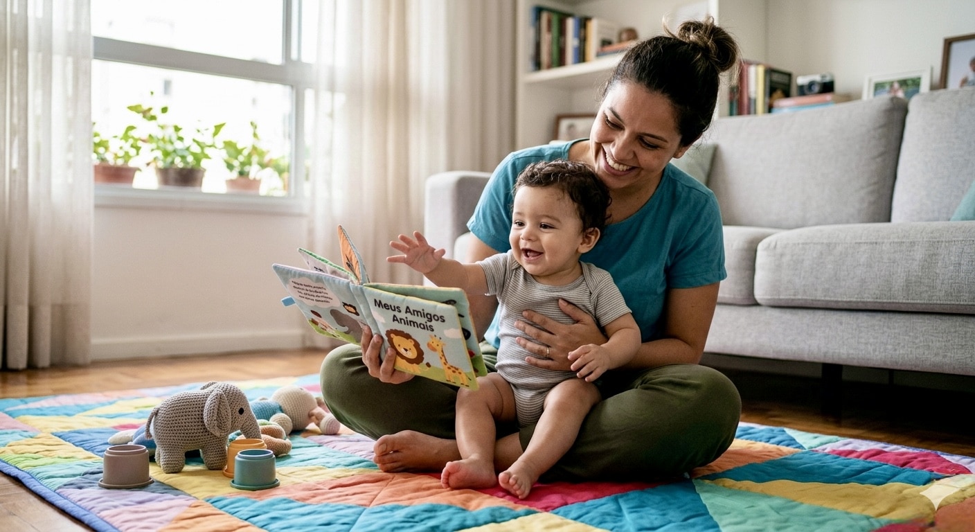 A caregiver applying childcare basics healthy child development while reading with a smiling baby