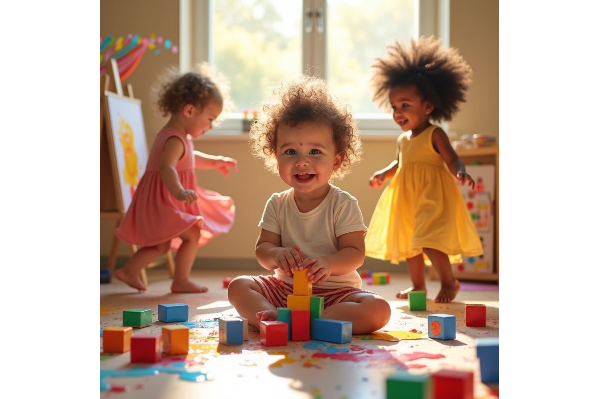 Toddler smiling while playing with colorful building blocks, surrounded by children painting, showing toddler activities for development through play