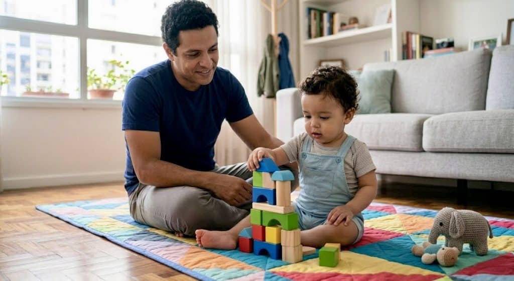 Childcare basics healthy child development encouraging learning through play as toddler stacks colorful wooden blocks.