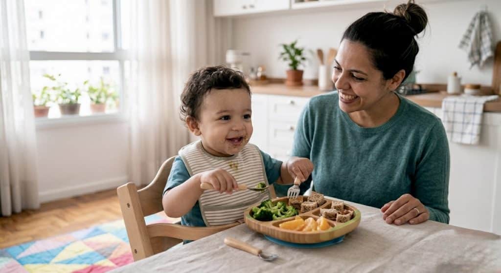 Childcare basics healthy child development supported by proper nutrition and hygiene as toddler eats a balanced meal.