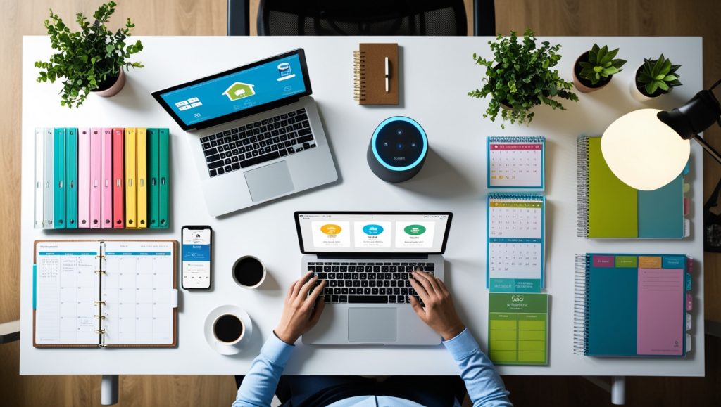 Organized home office desk with smart home management apps, digital calendar, and efficient organization systems for daily life planning digital revulution.