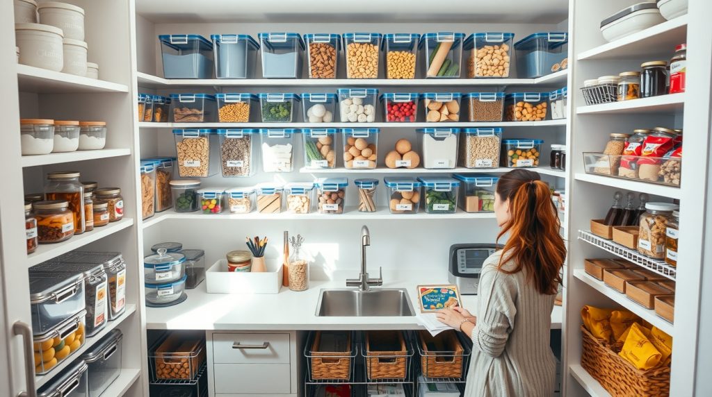 home managemtent organized kitchen pantry with labeled storage containers and meal planning system showing efficient household inventory management.