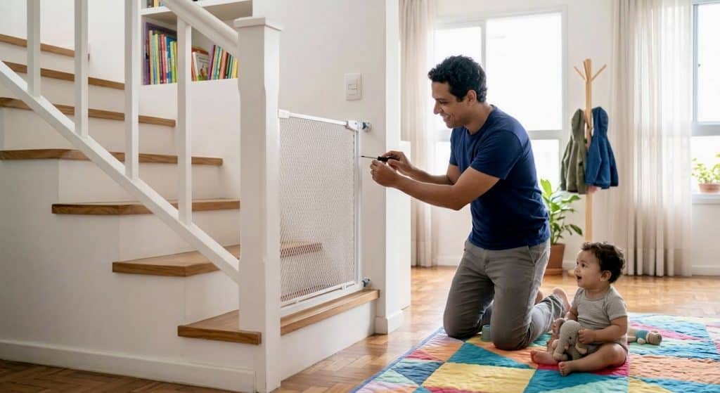 Childcare basics healthy child development shown as parent installs safety gate at home staircase