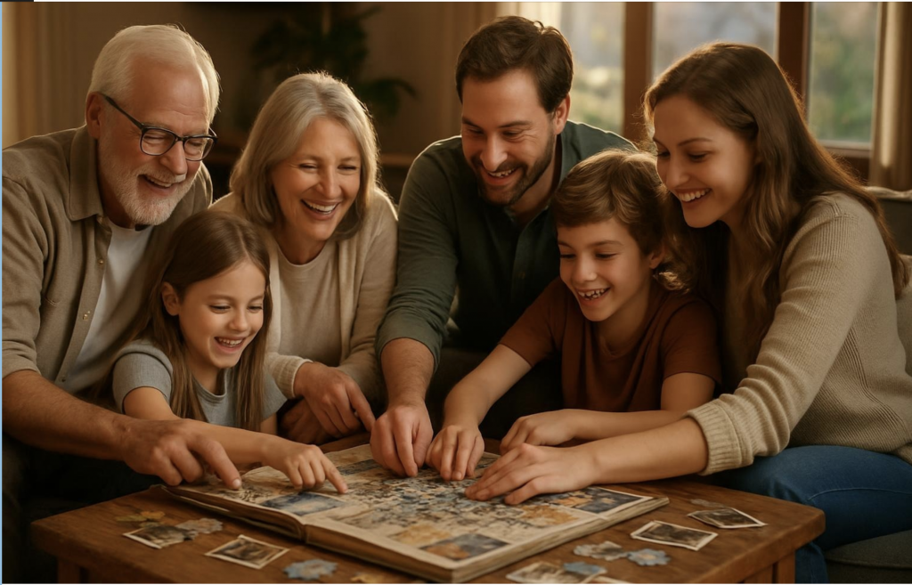 Família multigeracional construindo conexão profunda por meio de atividades colaborativas em um ambiente doméstico aconchegante e familiar