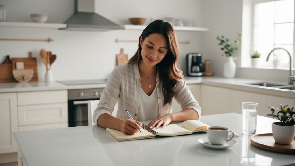 Woman in your simple everyday tips writing daily priorities in organized kitchen to make the life easier and more organized during peaceful morning routine with coffee and water glass