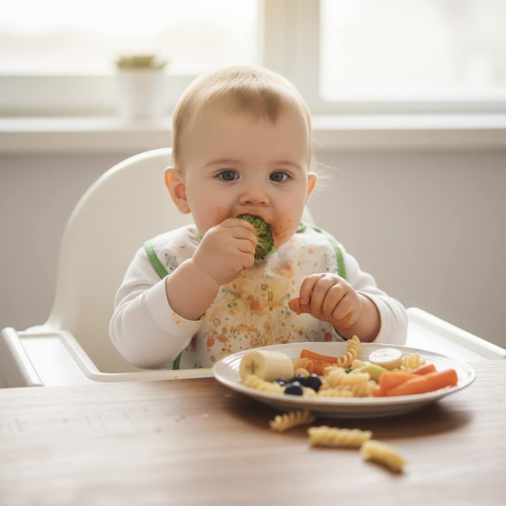 Baby nutrition milestones showing infant self-feeding finger foods demonstrating motor skills and independence in first year nutrition