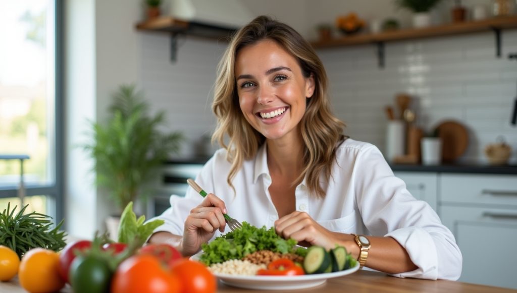 Colorful illustration of balanced diet with fruits, vegetables, and whole foods for healthy eating habits.