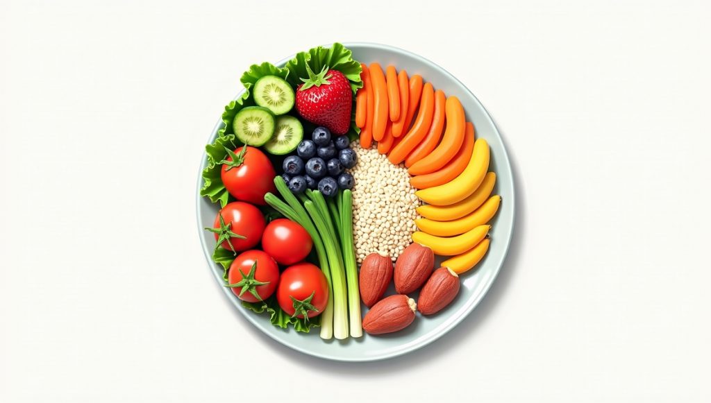 Balanced plate with vegetables, grains, and lean proteins – ideal for healthy eating and wellness lifestyle.
