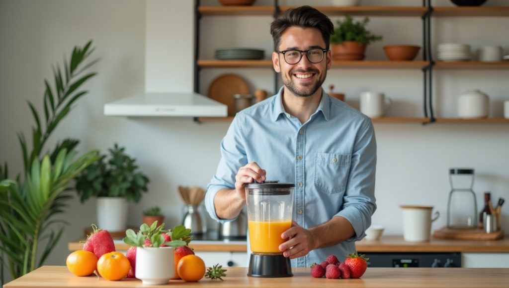 Man holding healthy juice with fresh fruits – representing a balanced diet and wellness-focused lifestyle.