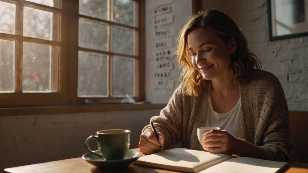 Woman writing in a journal near a sunny window with motivational quotes around her, feeling inspired and calm.
