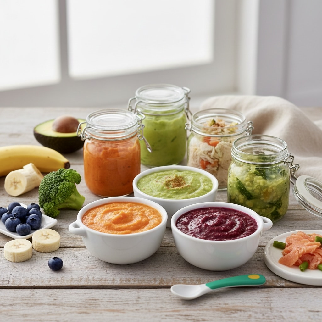 First year nutrition essentials featuring healthy baby foods for introducing solid foods including vegetables fruits and iron-rich options