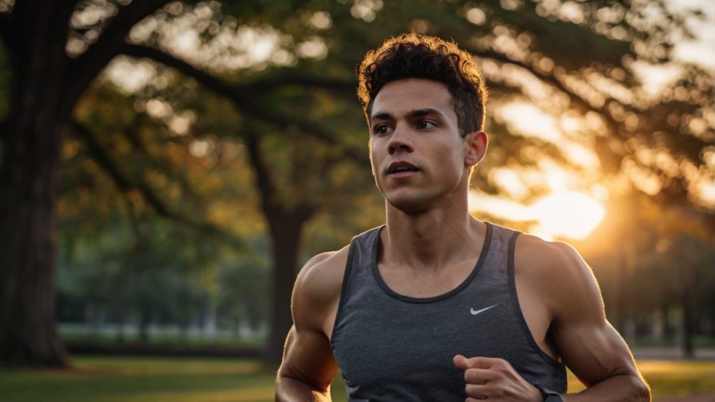 Motivated man jogging at sunrise in a park, symbolizing energy, clarity, and daily inspiration.