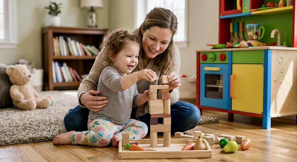Parent and toddler building blocks together, demonstrating how best activities for toddlers 1 to 3 years strengthen family bonds