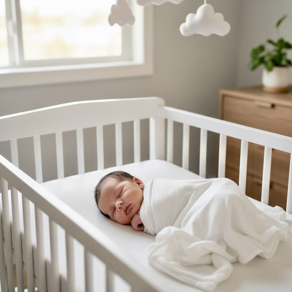 Newborn baby care essentials: peaceful baby sleeping safely in modern nursery environment