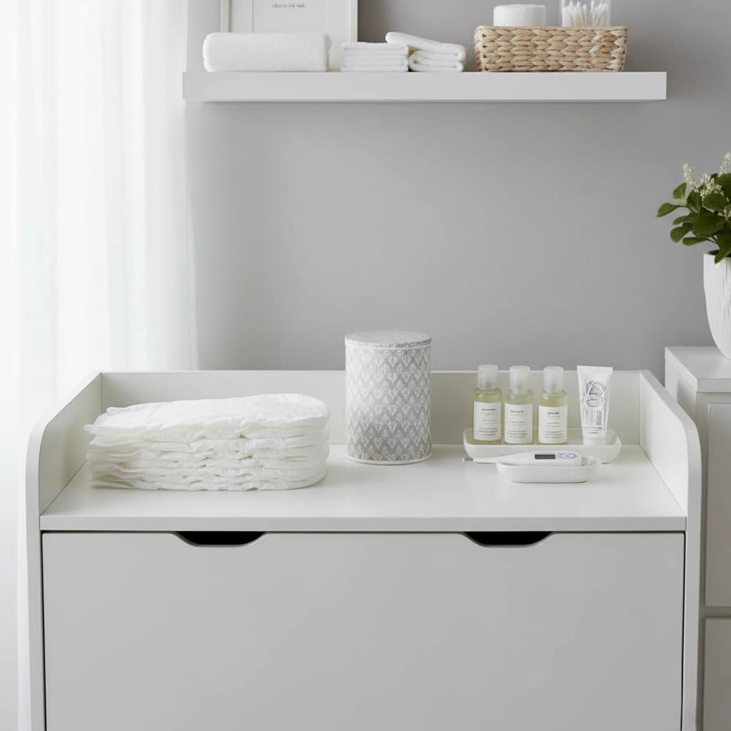 Newborn baby care supplies organized for efficient daily hygiene and feeding routine