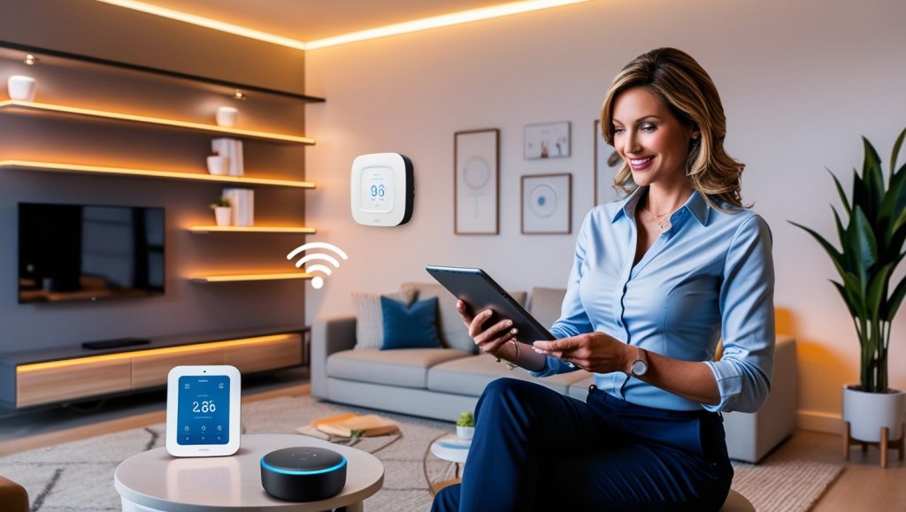 Woman using tablet to control smart home devices in organized modern living room with automated lighting and digital systems