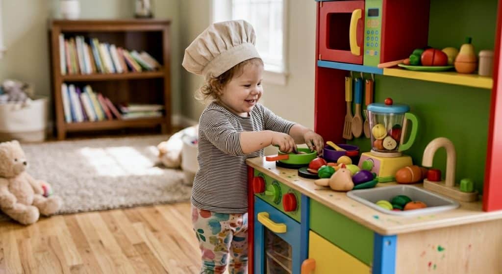 Toddler girl engaged in pretend play with toy kitchen set, a key activity for social and emotional development