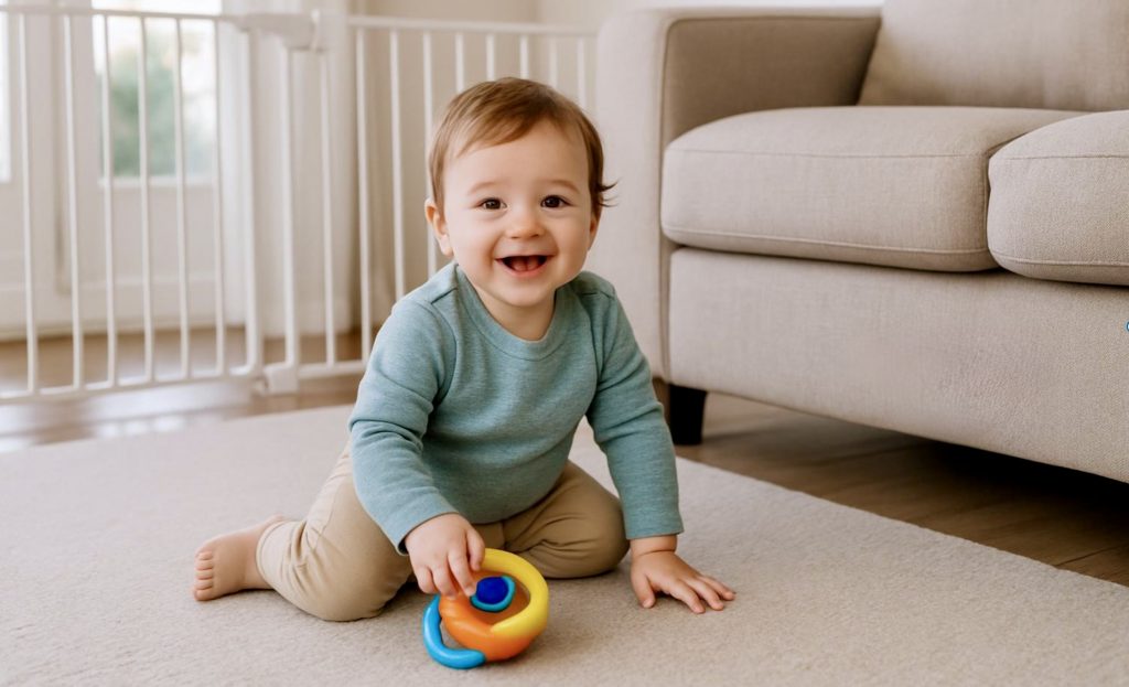 Toddler playing safely in childproofed living room with safety equipment