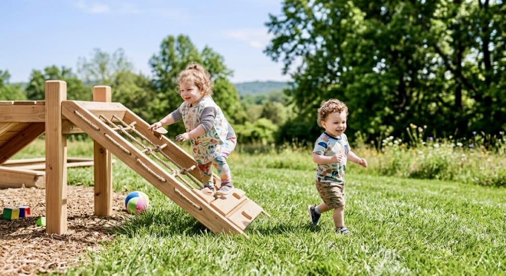 Toddlers playing outdoors on a playground, one of the best outdoor toddler activities for physical development