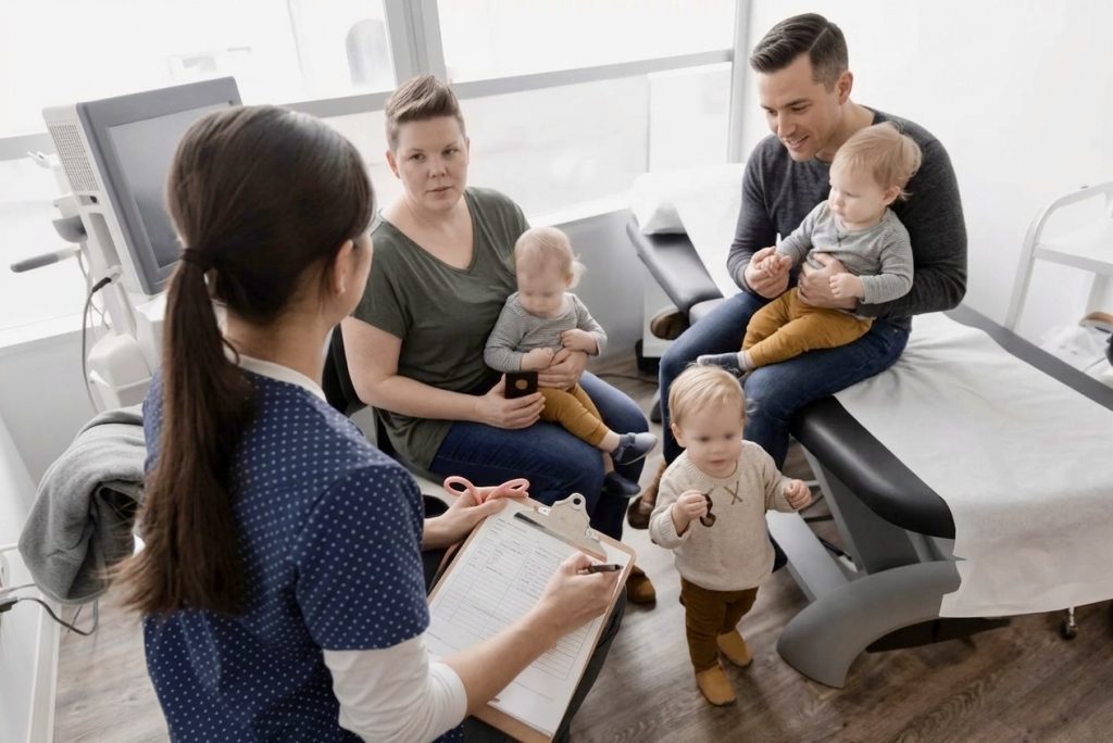 Child-development-milestones Parents and pediatrician discussing child developmental delays and screening for early signs of delays