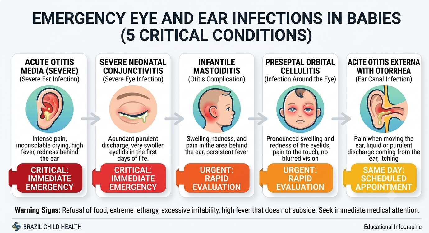 Infographic on 5 emergency eye infections in babies, including severity levels and timeframes for action.