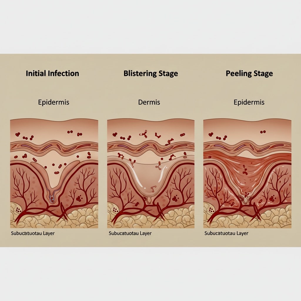Dangerous skin conditions in babies include SSSS showing how bacterial toxins affect skin layers