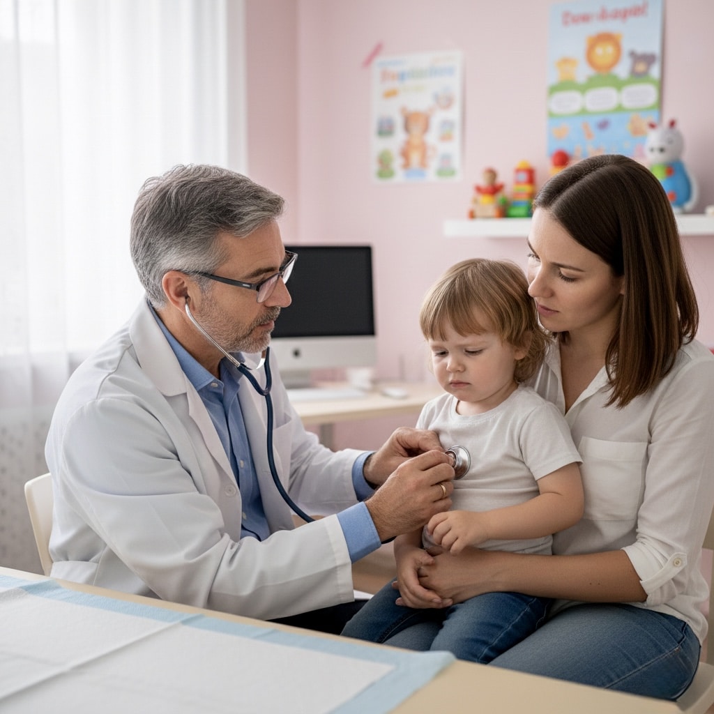 Pediatrician examining toddler for dangerous toddler illnesses and serious childhood diseases