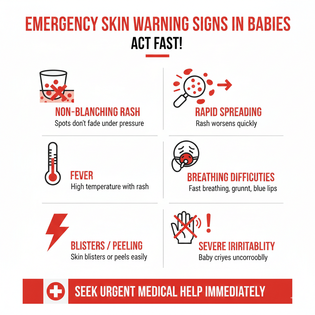 Emergency warning signs checklist for dangerous skin conditions in babies requiring immediate medical attention