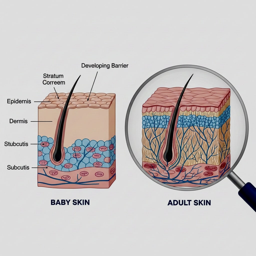 Dangerous skin conditions in babies develop easier due to thinner skin layers compared to adults