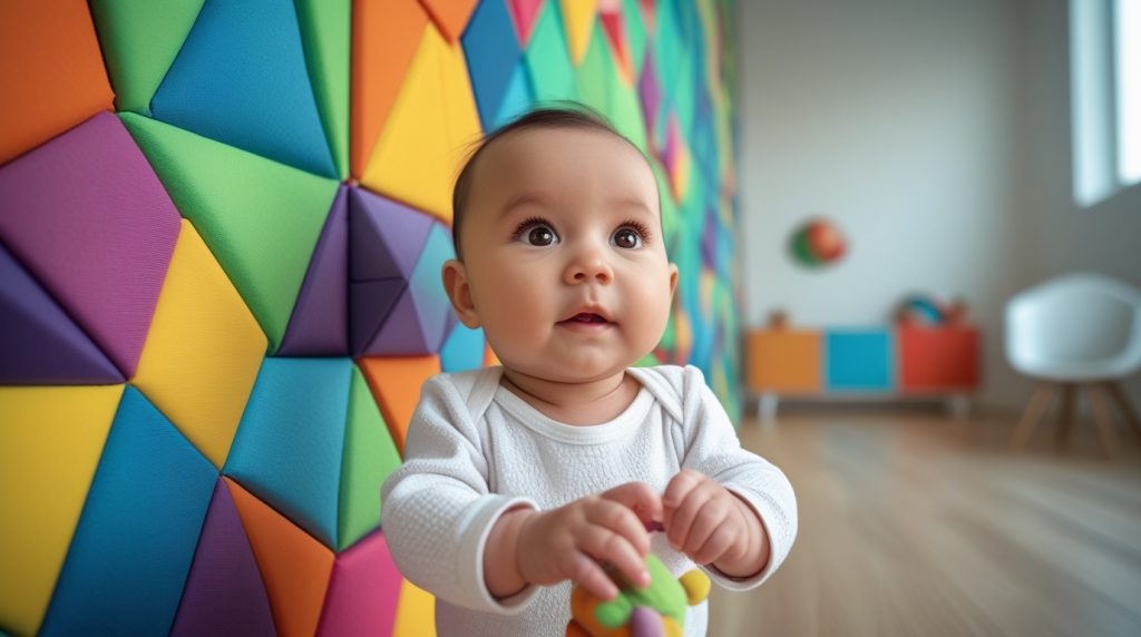 Toddler Color Shape Genius: Interactive visual learning wall with dynamic patterns captivating baby's attention in educational nursery"
