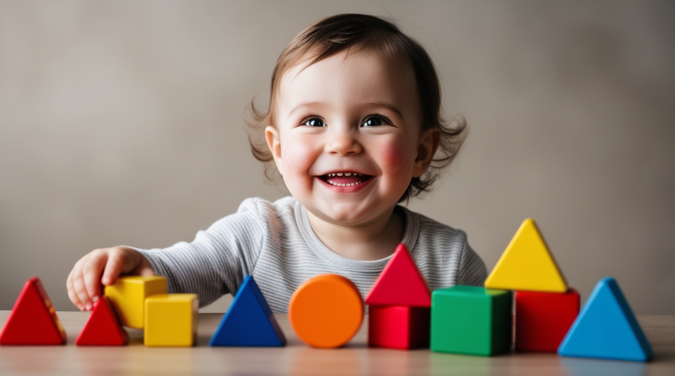 toddler playing with colorful geometric shape blocks