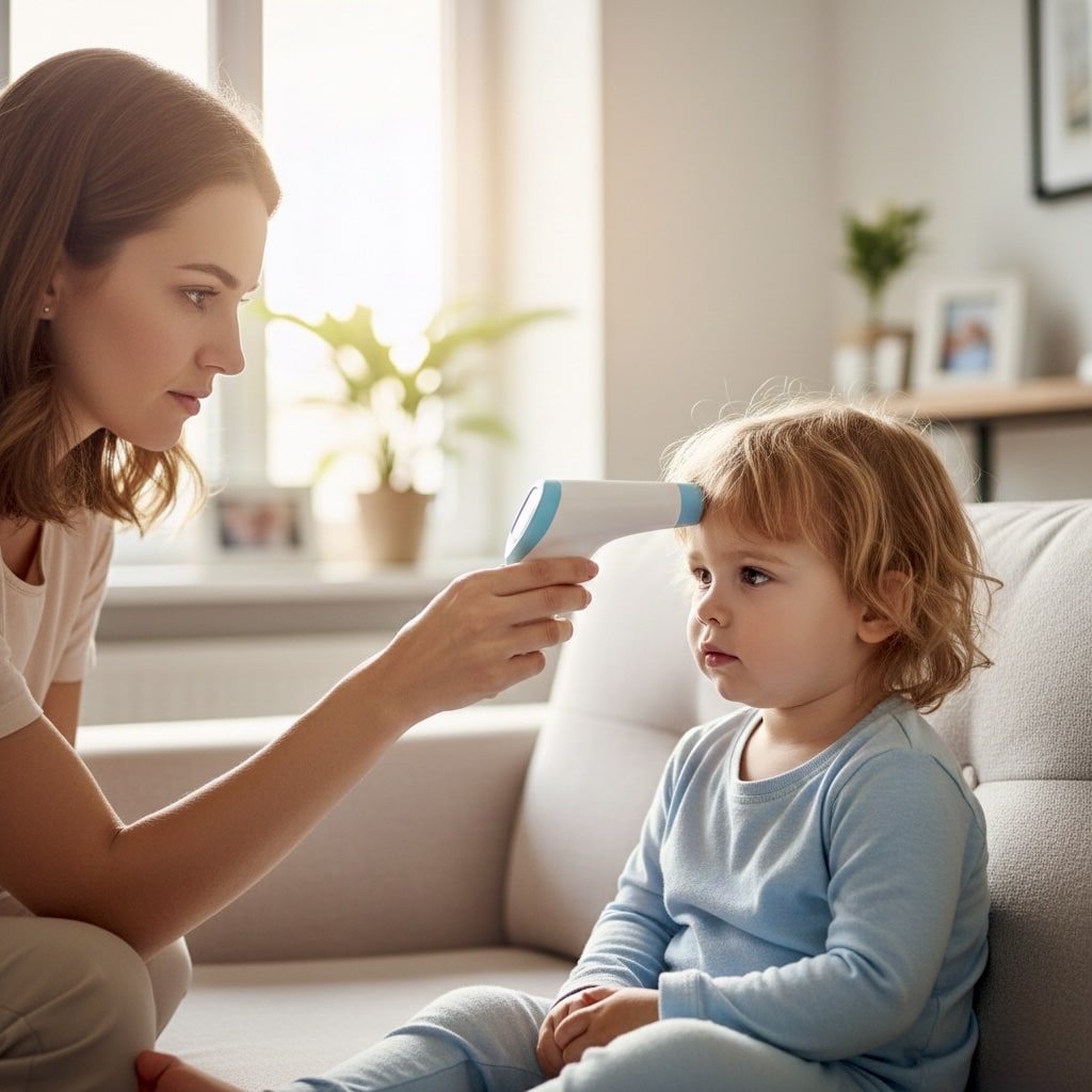 fever management techniques mother checking child temperature with digital thermometer