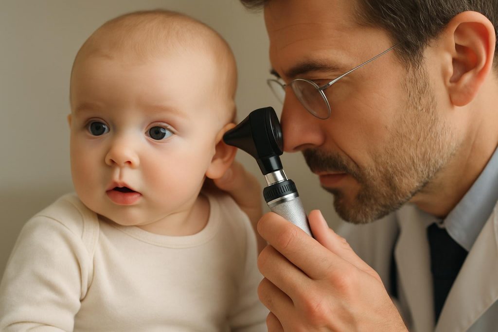 Pediatrician examining baby ear infection - warning signs of emergency ear infections in babies