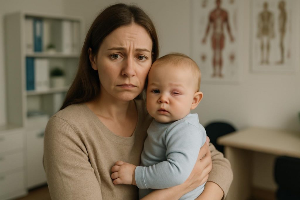 Baby with emergency eye infection showing red swollen eyelids - one of 5 emergency eye and ear infections in babies