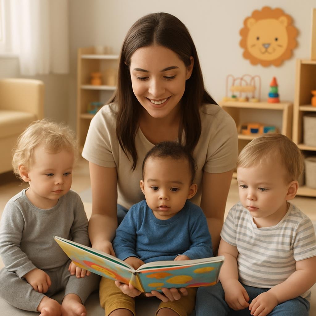Childcare Basics: provider reading to young children in safe nursery environment .