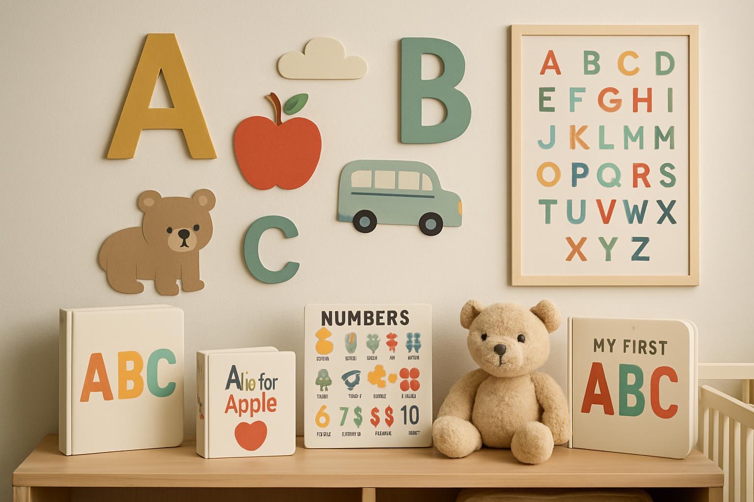 Interactive alphabet learning environment with educational books and letter-themed materials for infant literacy development
