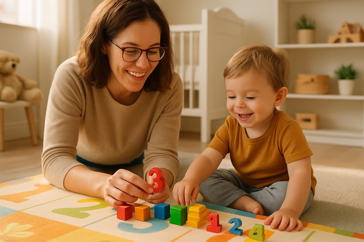 Toddler Math Genius. Professional educator teaching methods using colorful counting blocks and educational manipulatives