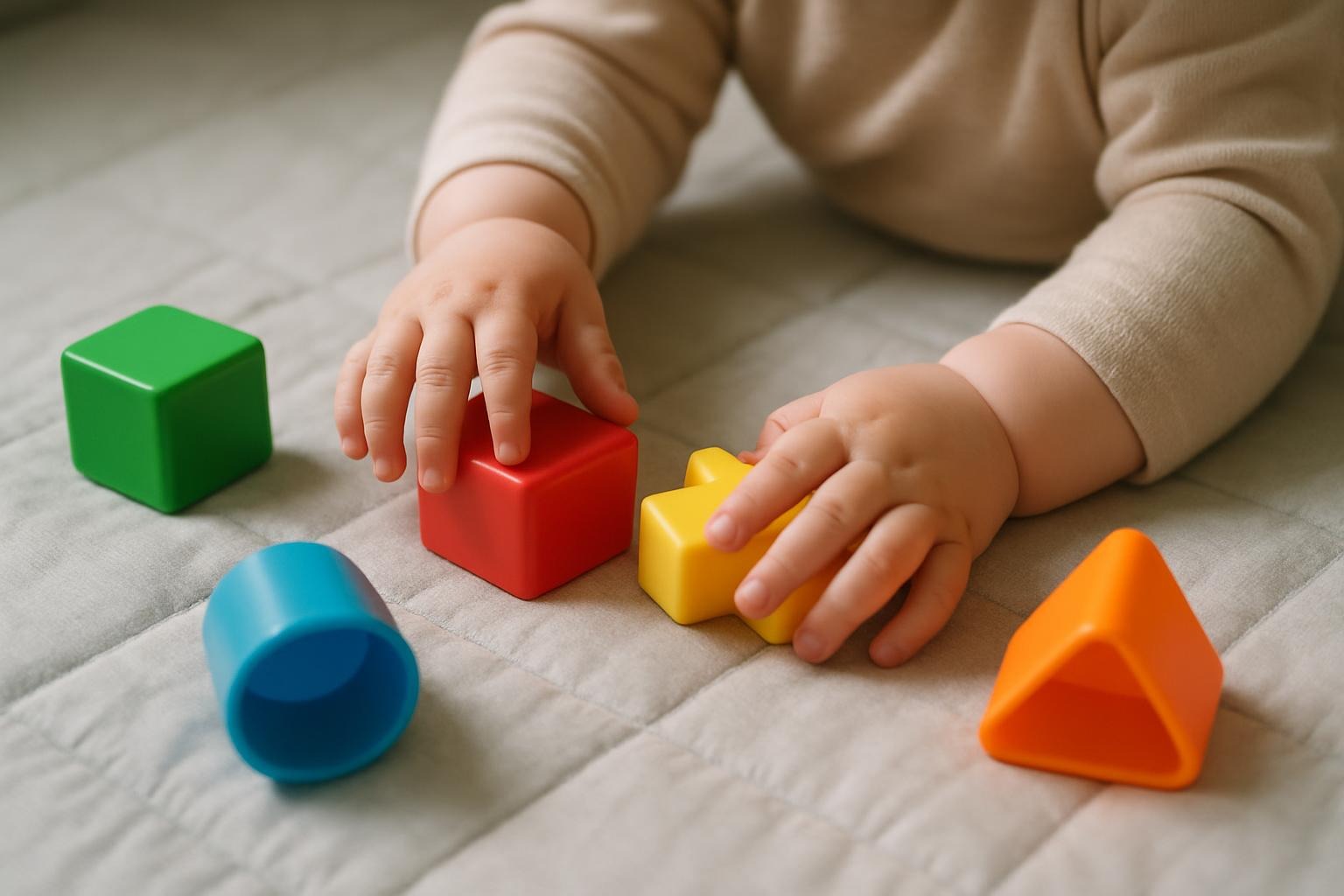 Baby actively engaging with colorful shape-sorting toys during cognitive development activity