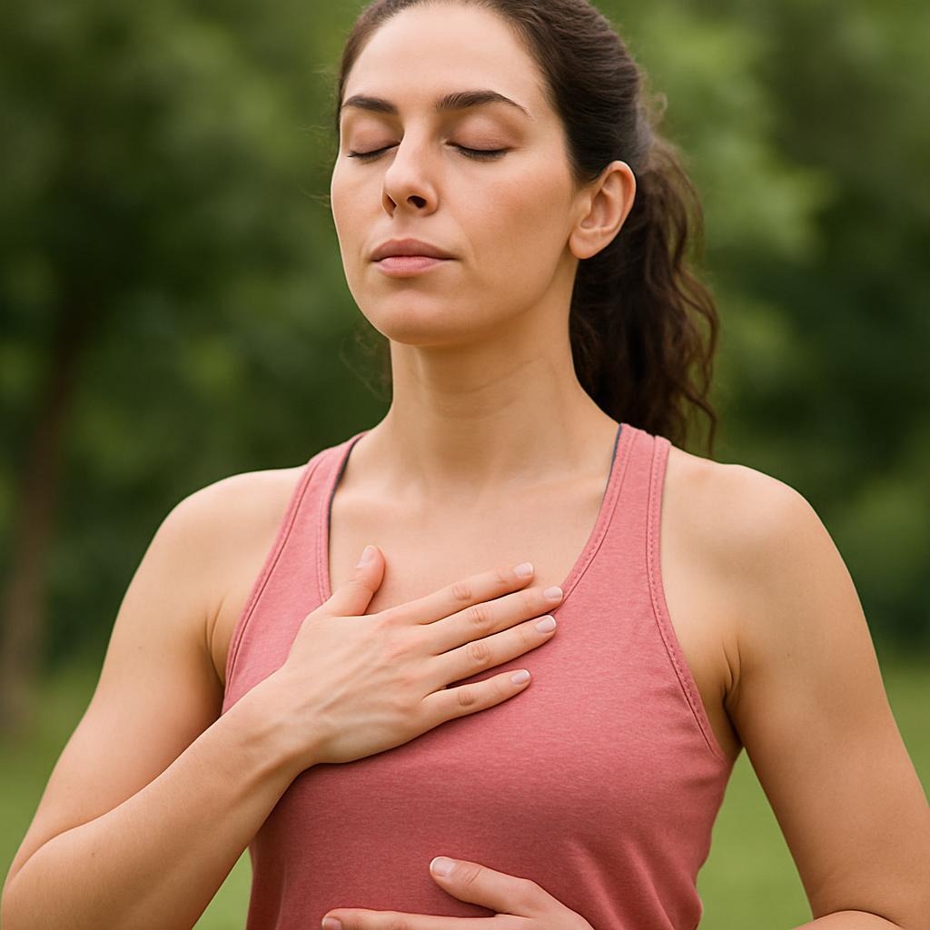 A serene modern living room with a person practicing yoga and meditation, bathed in soft natural light, conveying the importance of slowing down and finding balance in daily life.