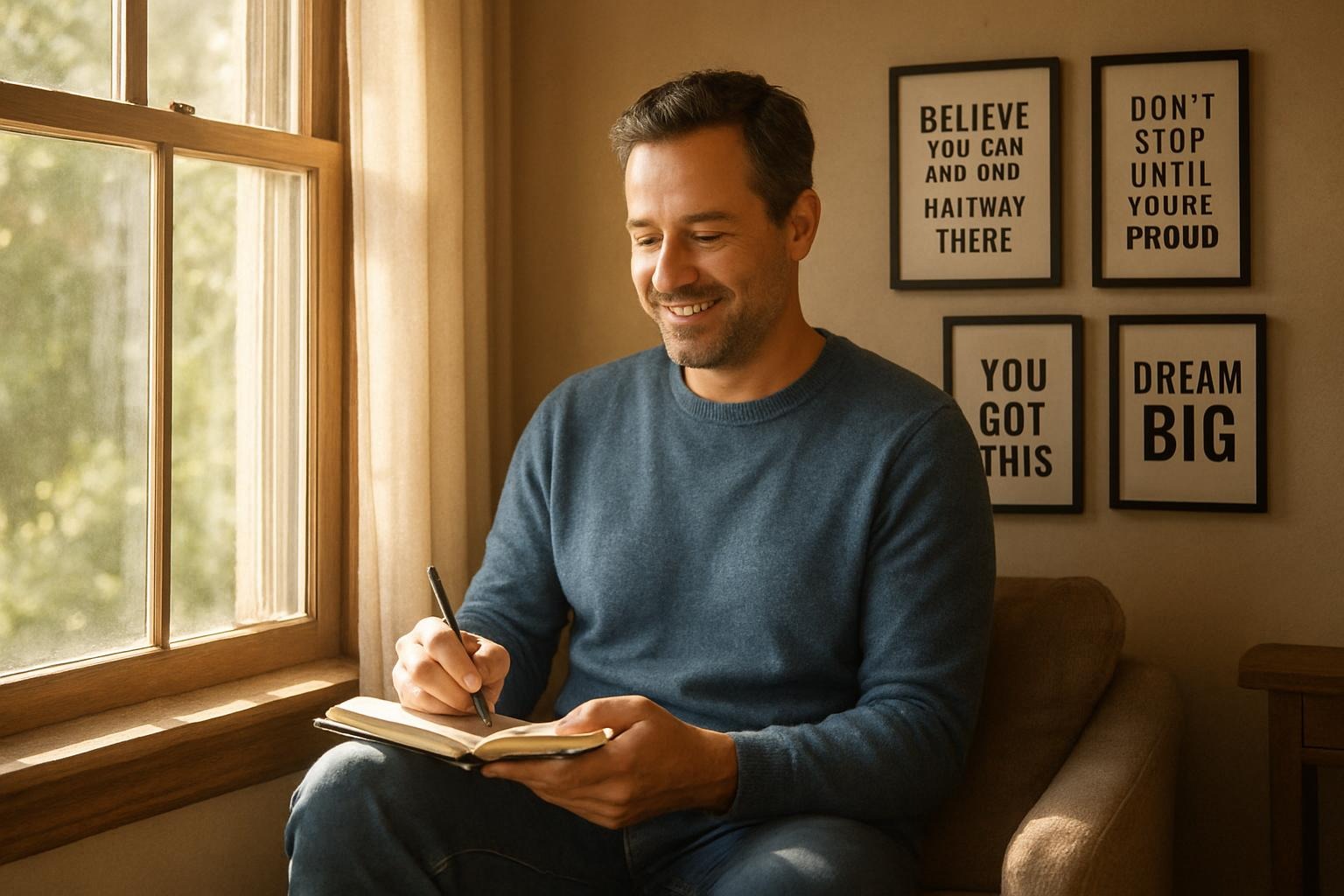 Man writing in a journal near a sunny window with motivational quotes around her, feeling inspired and calm.
