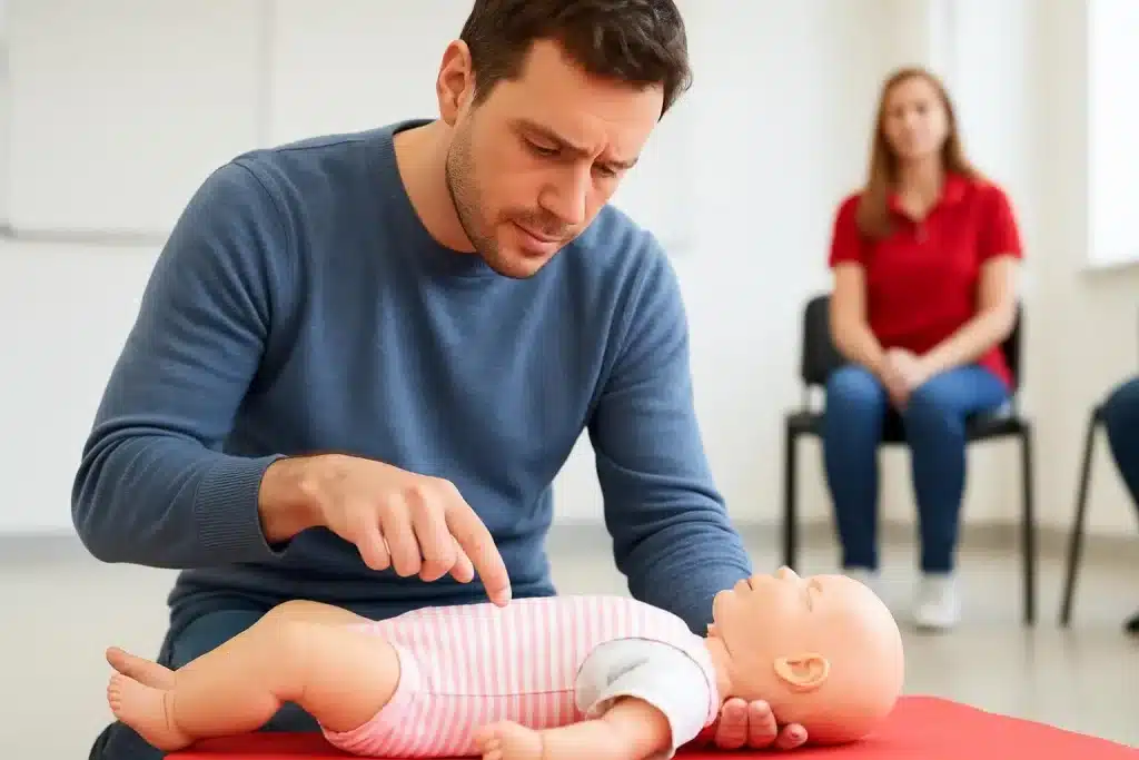 Parent learning baby safety CPR for emergency preparedness 