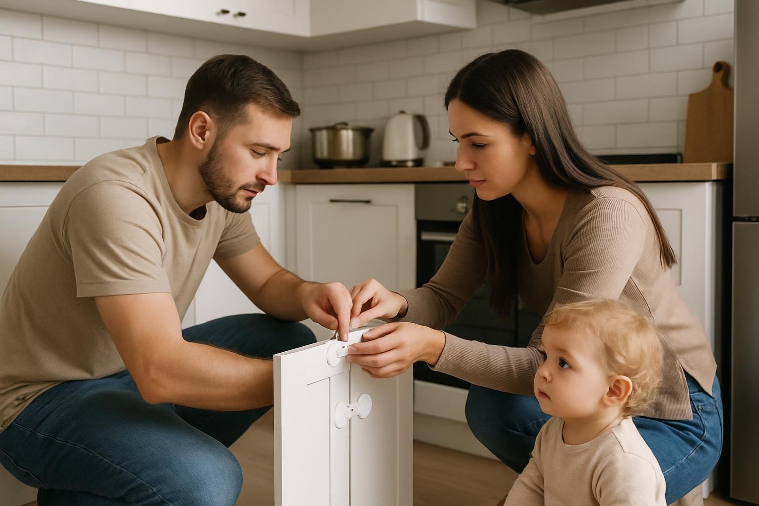Parents installing kitchen safety locks for toddler accident prevention
