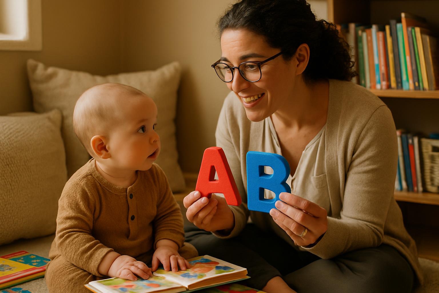 Early childhood literacy specialist teaching alphabet secrets recognition to engaged baby using colorful educational materials