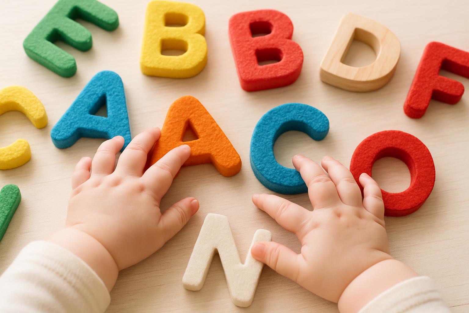 Baby exploring tactile three-dimensional alphabet letters through hands-on sensory learning experience