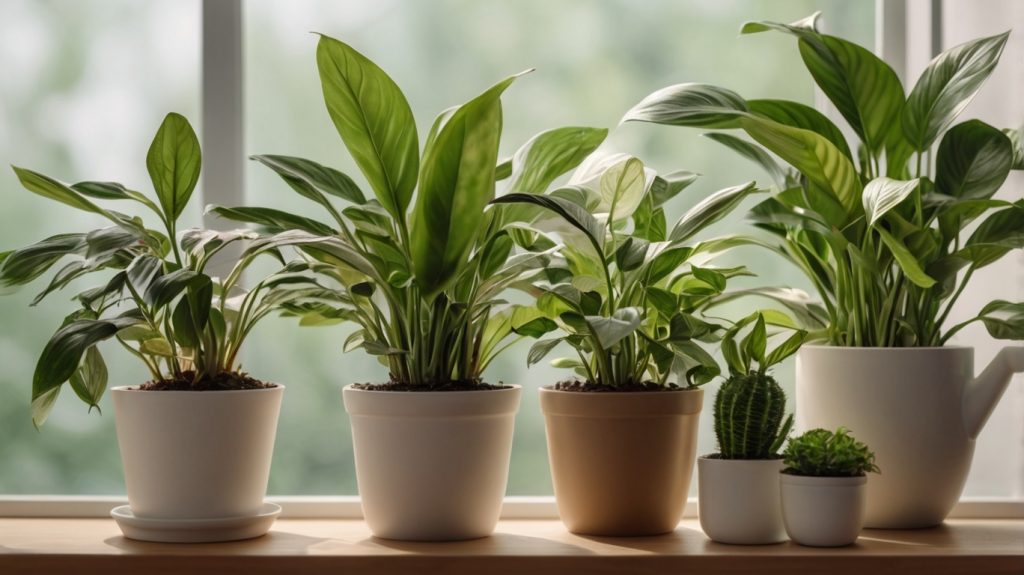 Healthy indoor plants on wooden stand showing beginner plant care setup with moisture meter and plant care tools for successful houseplant maintenance