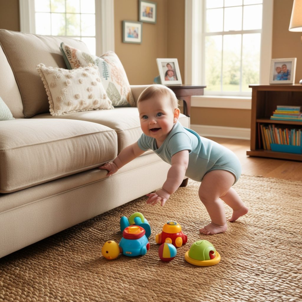 Infant mobility development: Confident baby cruising along furniture reaching for toys in safe, childproofed living room environment.